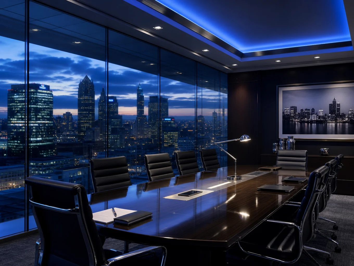 Architectural view of a modern boardroom with gold accents and deep navy tones