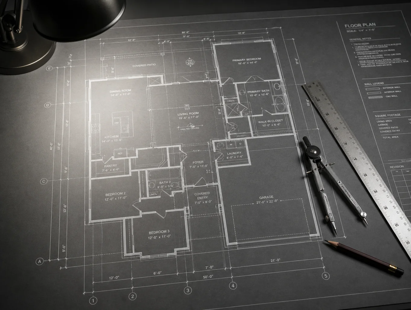 Architectural blueprint on a dark mahogany desk with gold accents