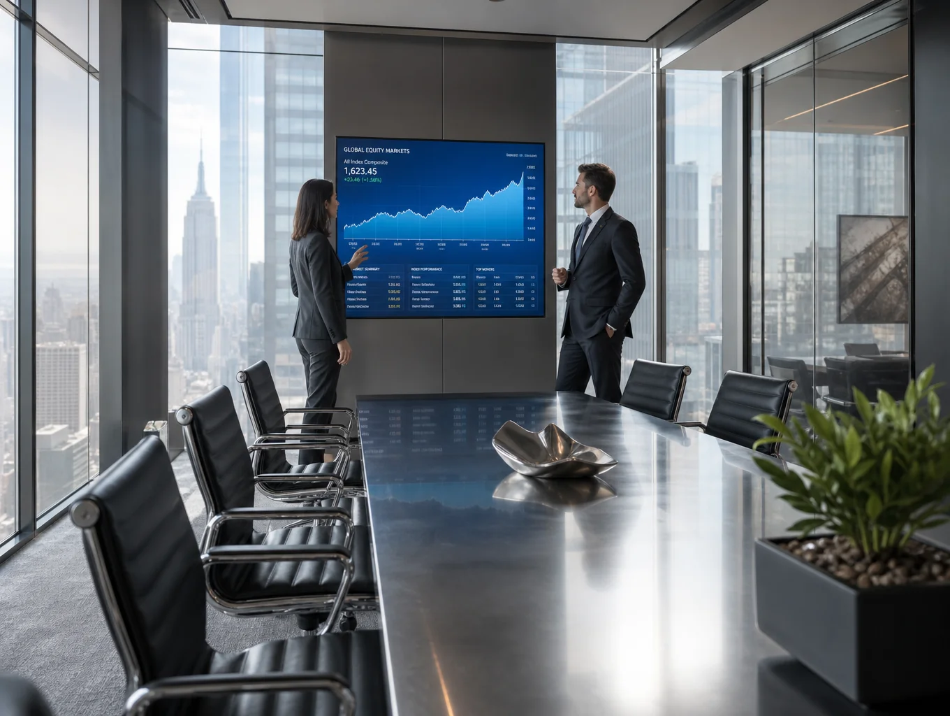 Modern boardroom with architectural lighting and structured seating